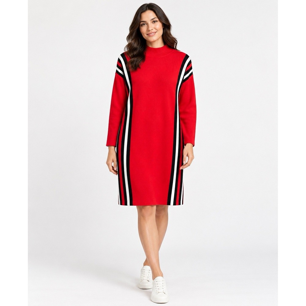 Size XL- Women's Red Black White Striped Knit Mock Neck Sweater Dress
